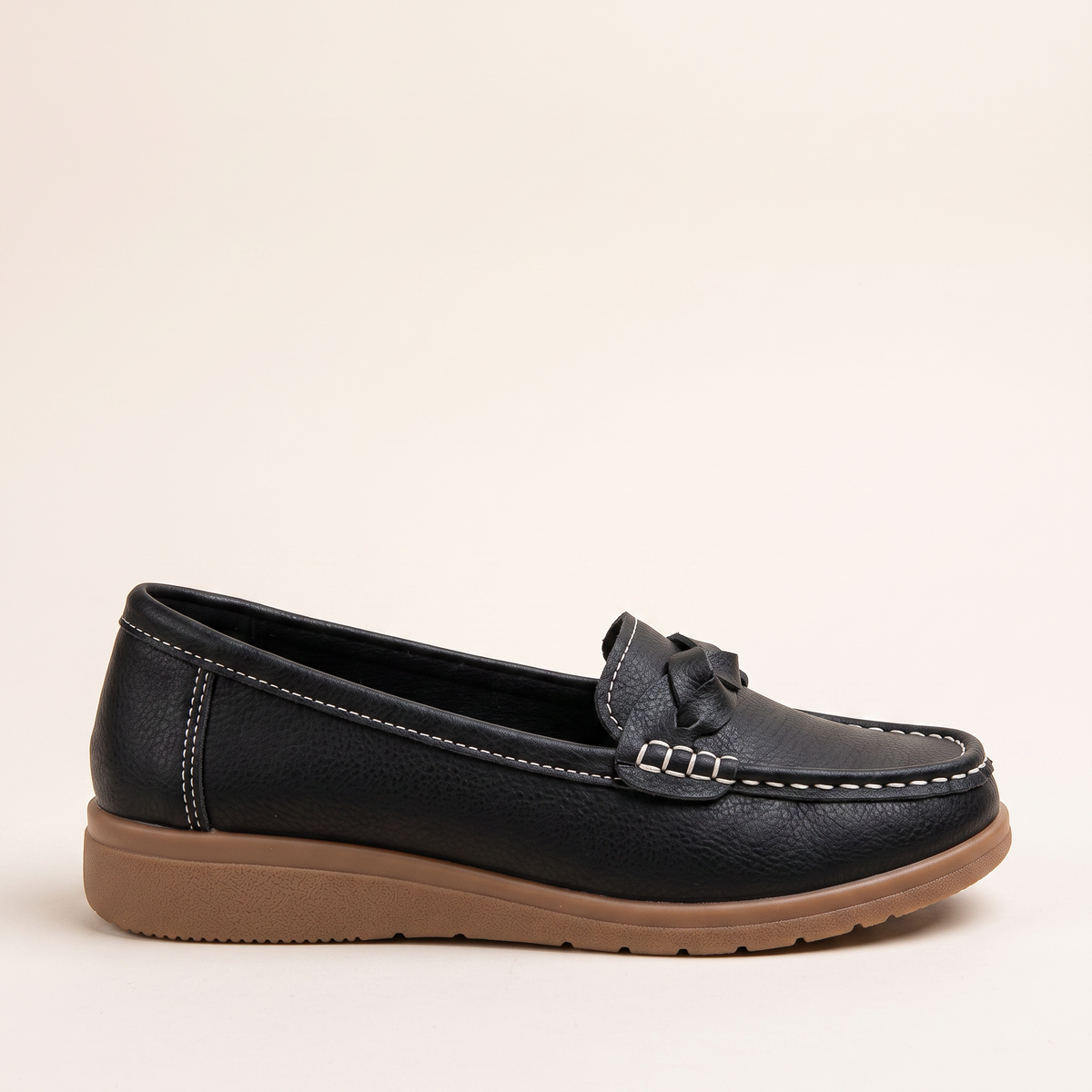 Women's Braided Moccasin Loafers in Black, single side profile