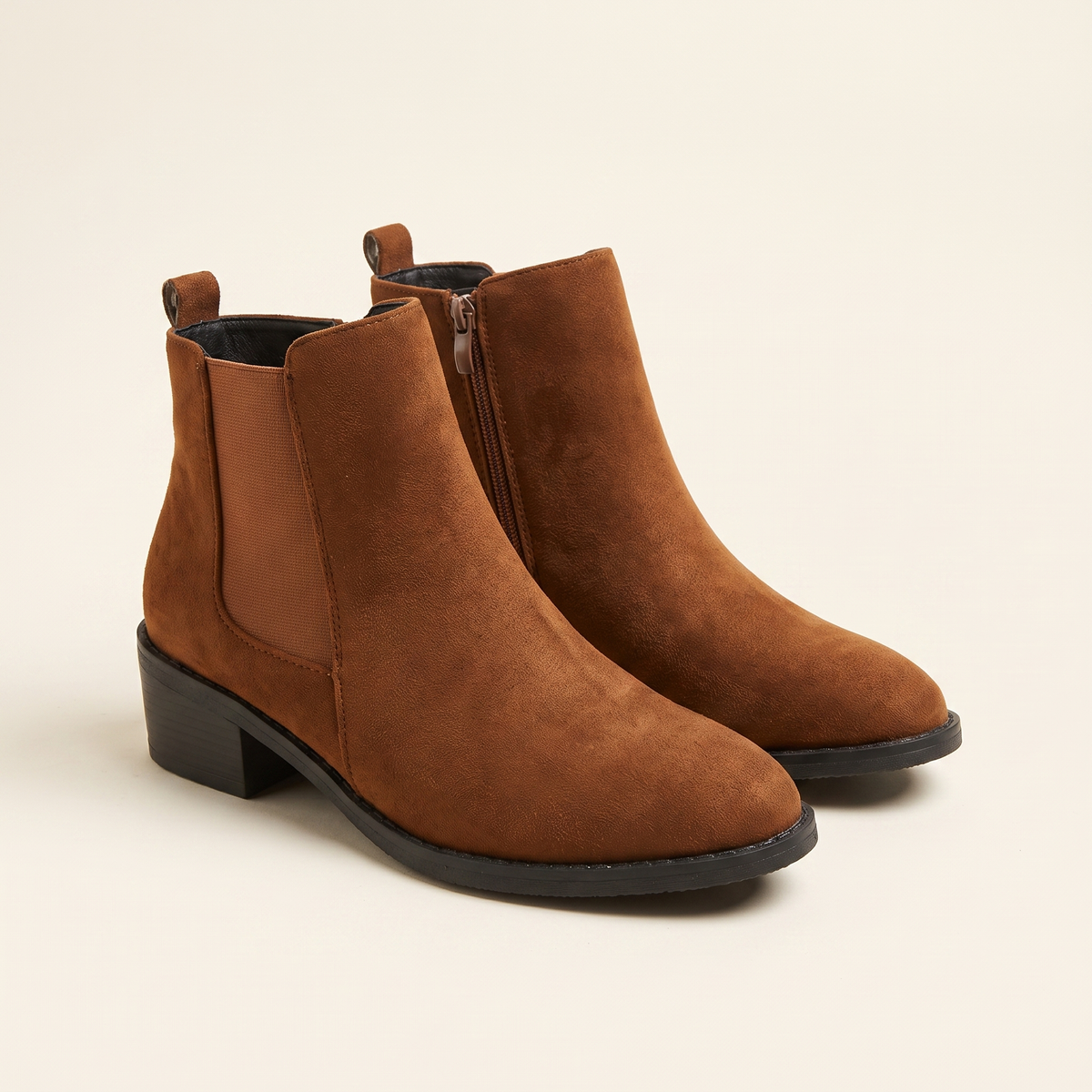 Women's Suede Chelsea Boots in Cognac, pair 3/4 angle