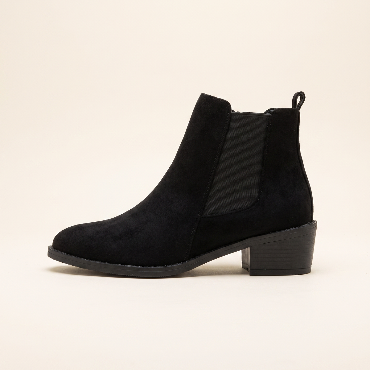 Women's Suede Chelsea Boots in Black, single side profile