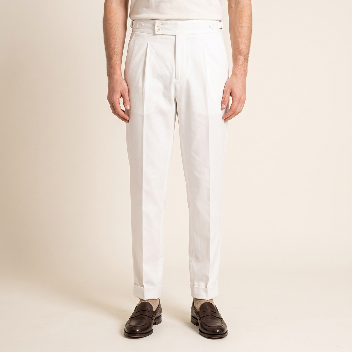 Men's Tailored Turn-Up Trousers in White, front view