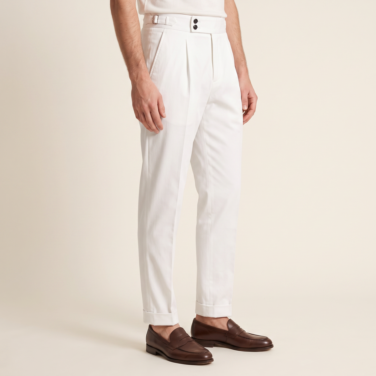 Men's Tailored Turn-Up Trousers in White, side view