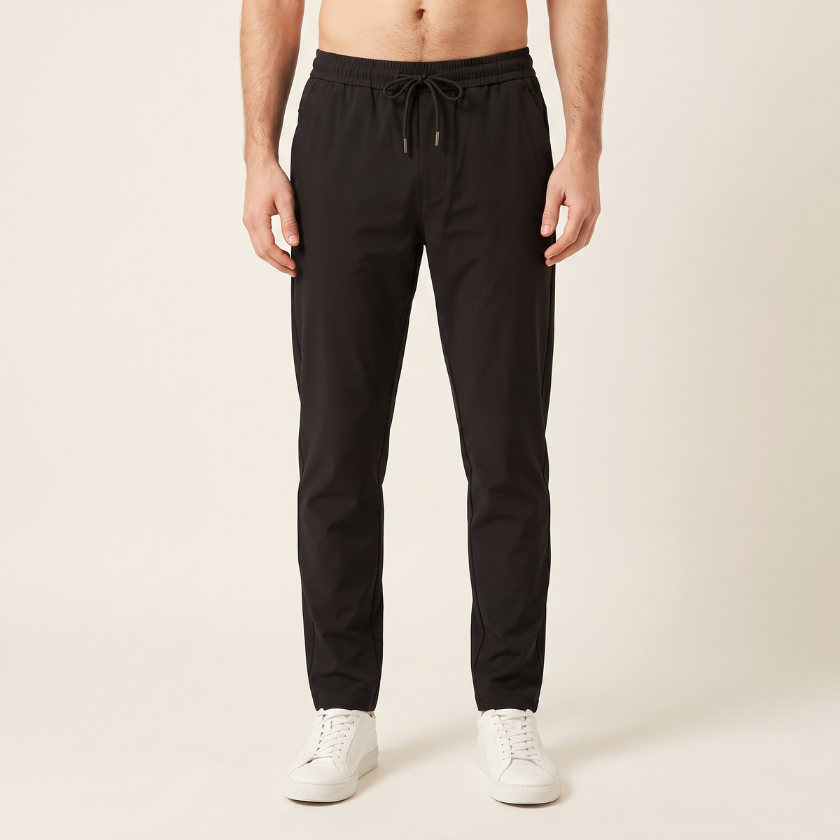 Men's Zip-Pocket Drawstring Trousers in Black, front view