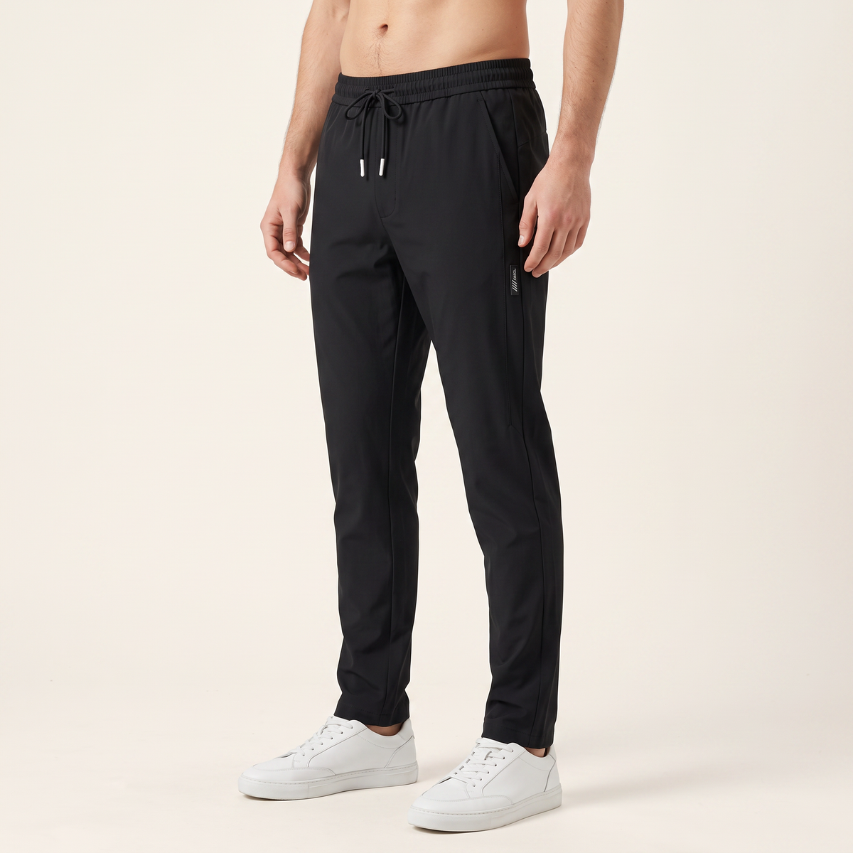Men's Zip-Pocket Drawstring Trousers in Black, side view