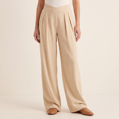 Women's Cross-Waist Wide-Leg Trousers in Beige, front view