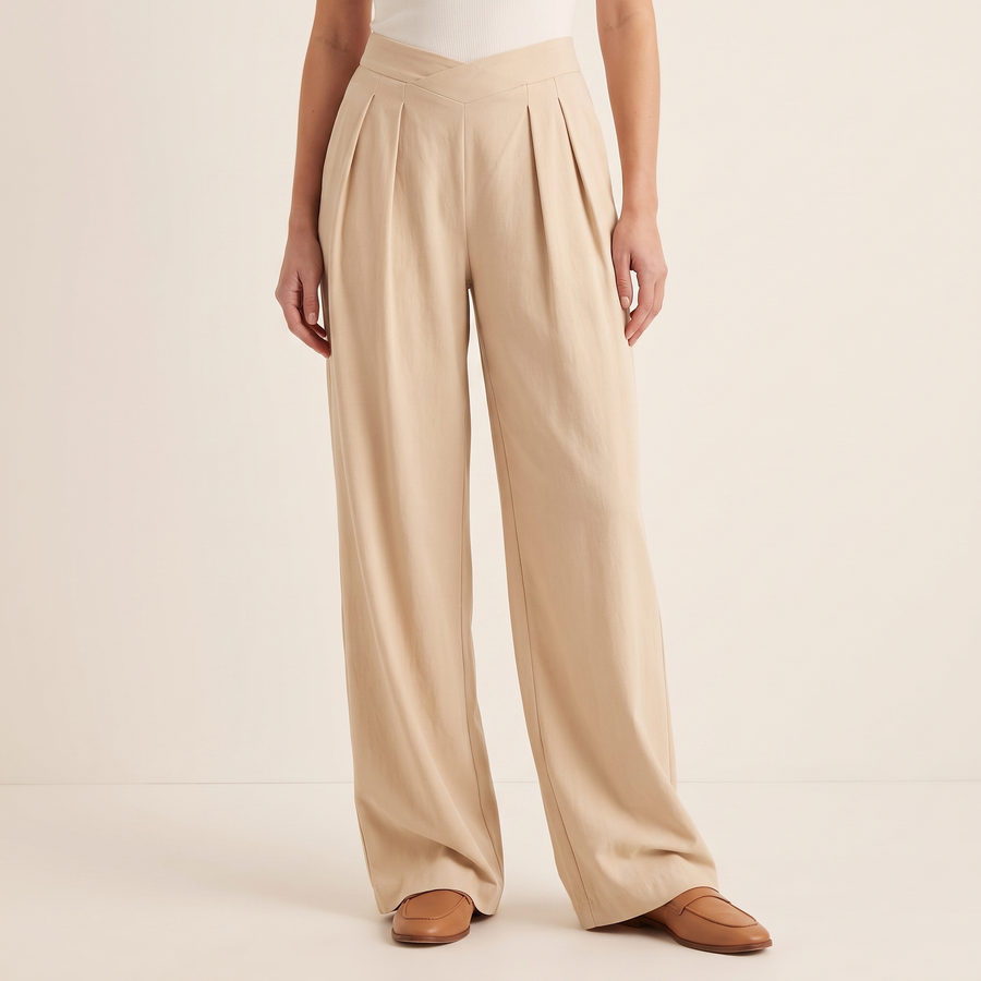 Women's Cross-Waist Wide-Leg Trousers in Beige, front view
