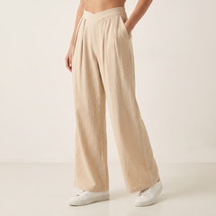 Women's Cross-Waist Wide-Leg Trousers in Beige, 3/4 angle