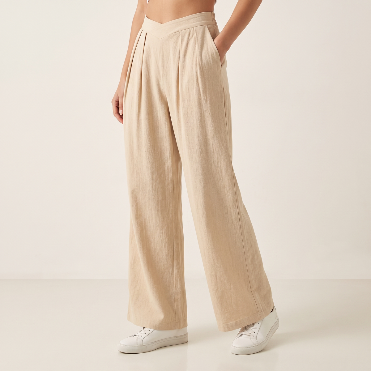 Women's Cross-Waist Wide-Leg Trousers in Beige, 3/4 angle