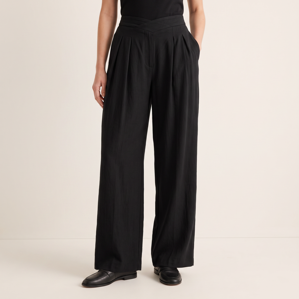 Women's Cross-Waist Wide-Leg Trousers in Black, front view