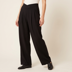 Women's Cross-Waist Wide-Leg Trousers in Black, 3/4 angle