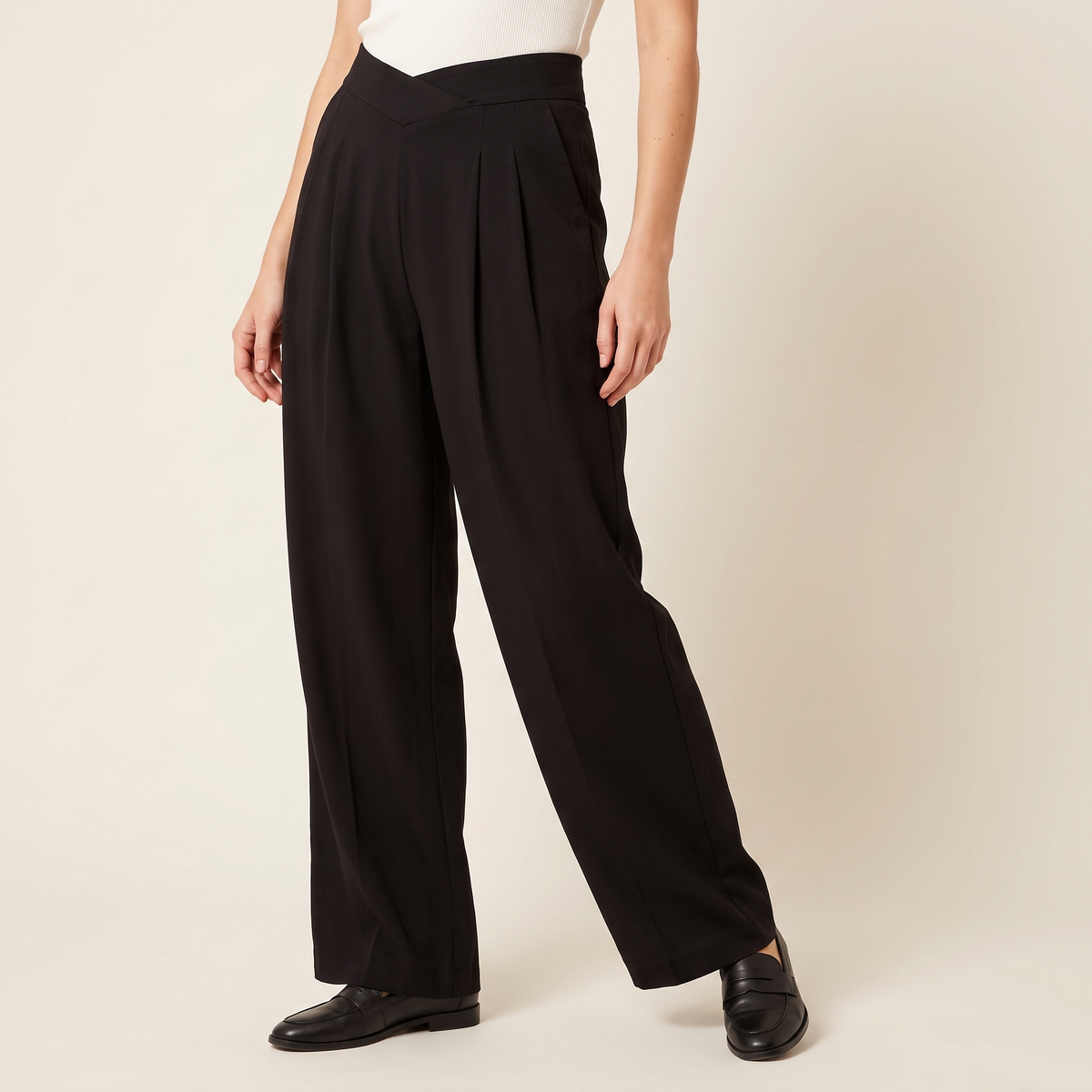 Women's Cross-Waist Wide-Leg Trousers in Black, 3/4 angle