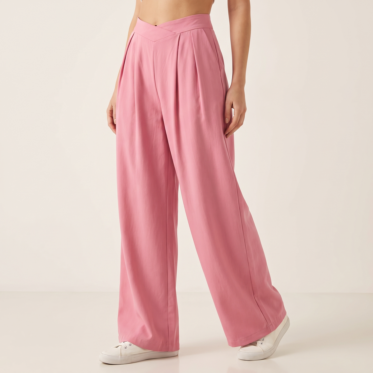 Women's Cross-Waist Wide-Leg Trousers in Pink, 3/4 angle
