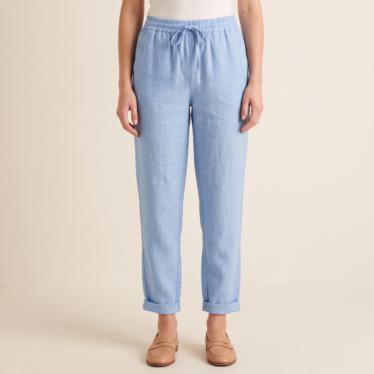 Women's Textured Drawstring Trousers in Blue, front view