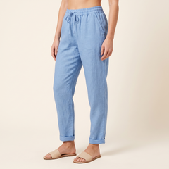Women's Textured Drawstring Trousers in Blue, 3/4 angle