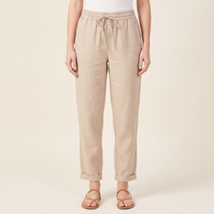 Women's Textured Drawstring Trousers in Beige, front view
