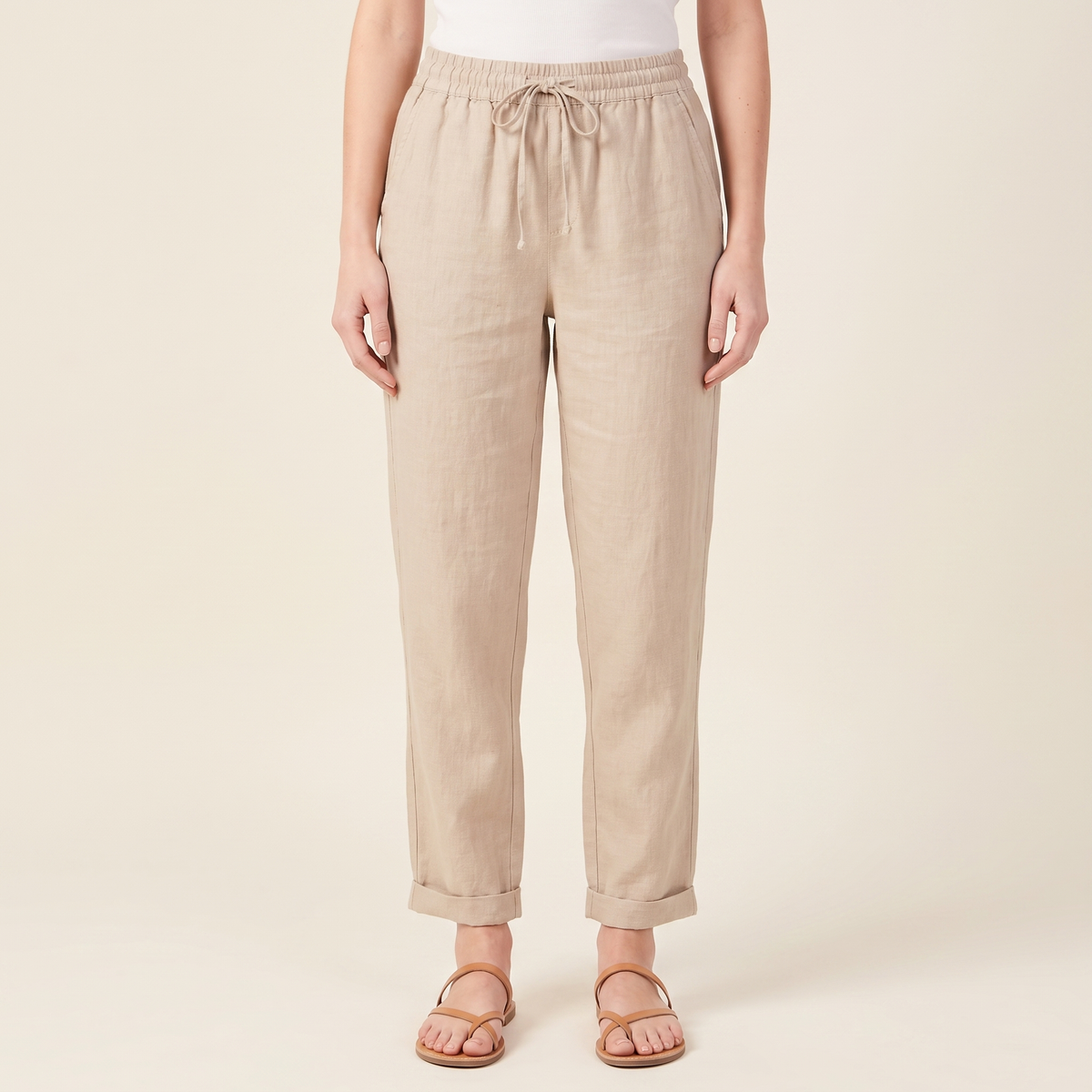 Women's Textured Drawstring Trousers in Beige, front view