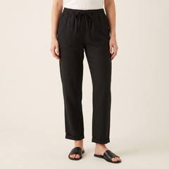Women's Textured Drawstring Trousers in Black, front view