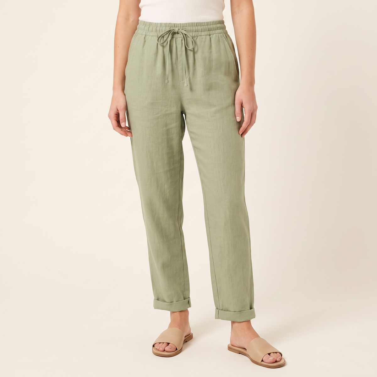 Women's Textured Drawstring Trousers in Green, front view