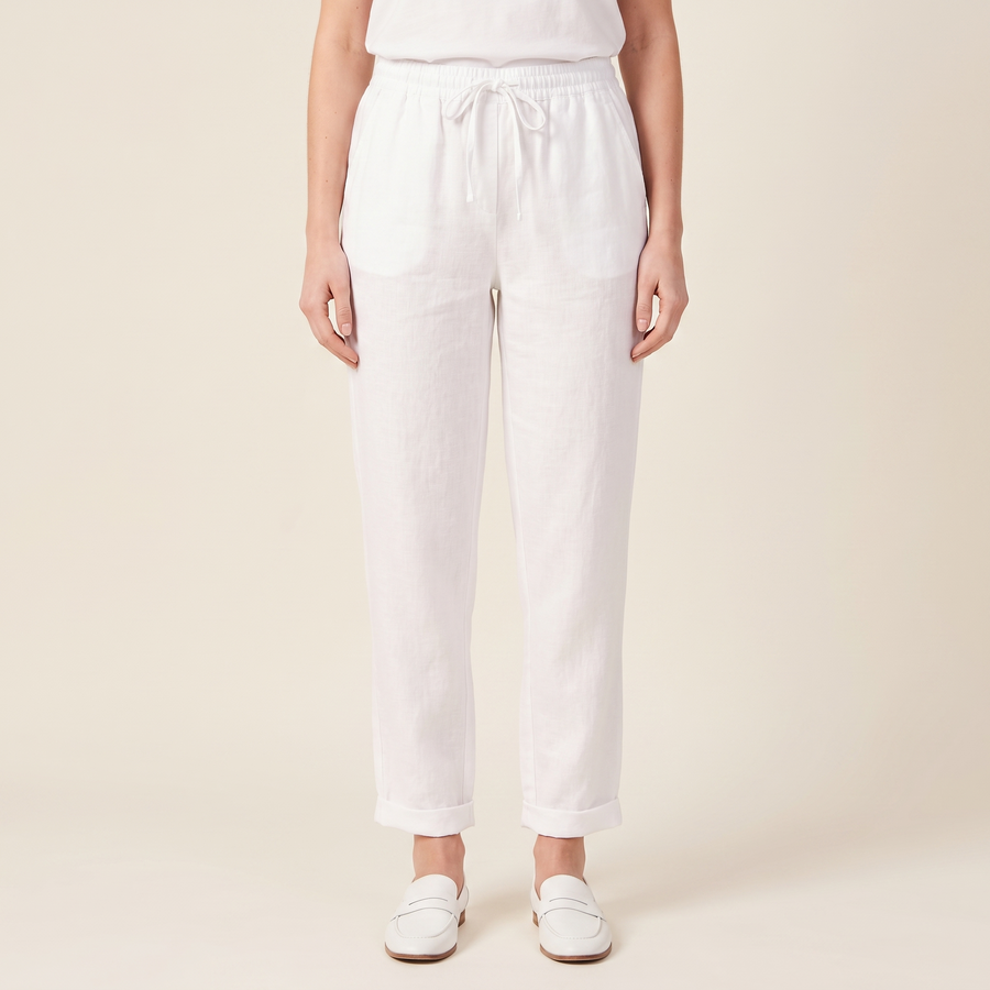 Women's Textured Drawstring Trousers in White, front view