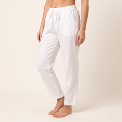 Women's Textured Drawstring Trousers in White, 3/4 angle