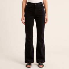 Women's Ribbed Flared Trousers in Black, front view