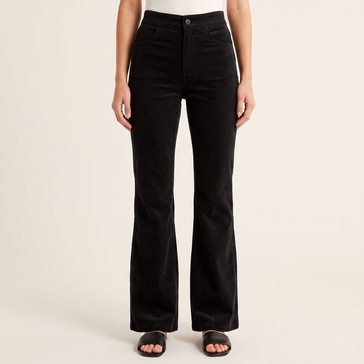 Women's Ribbed Flared Trousers in Black, front view