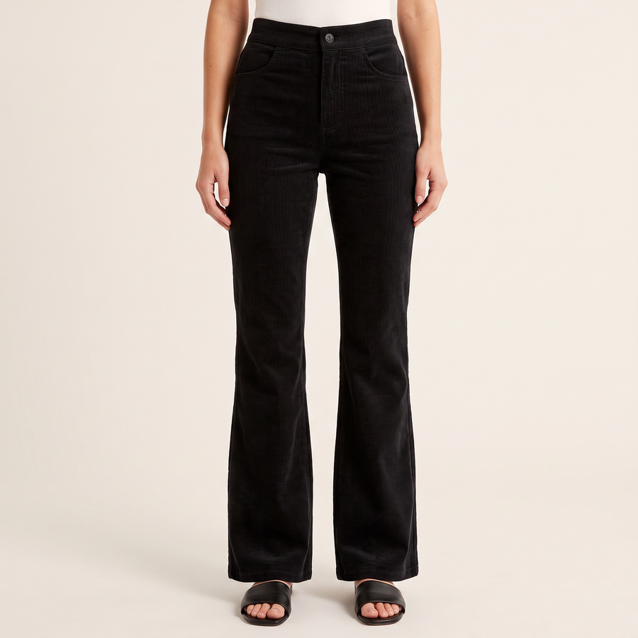 Women's Ribbed Flared Trousers in Black, front view