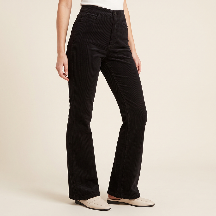 Women's Ribbed Flared Trousers in Black, 3/4 angle