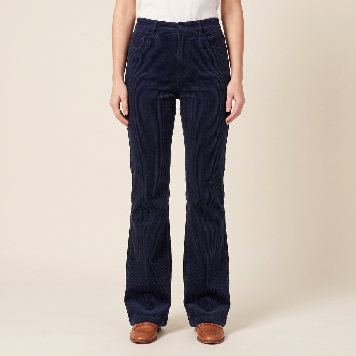 Women's Ribbed Flared Trousers in Navy, front view