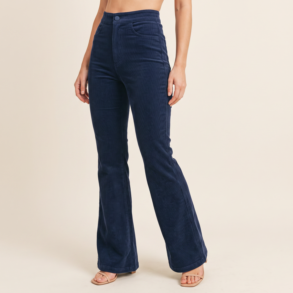 Women's Ribbed Flared Trousers in Navy, 3/4 angle