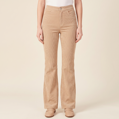 Women's Ribbed Flared Trousers in Beige, front view