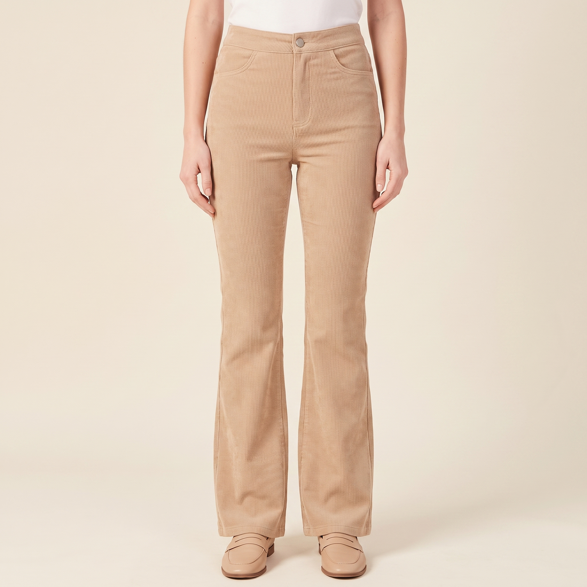 Women's Ribbed Flared Trousers in Beige, front view