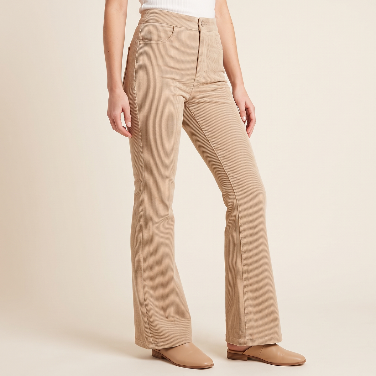 Women's Ribbed Flared Trousers in Beige, 3/4 angle