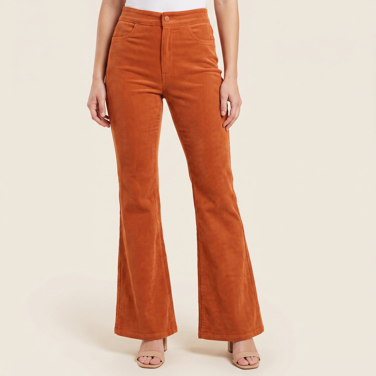 Women's Ribbed Flared Trousers in Orange, front view