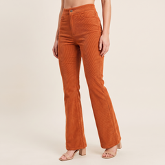 Women's Ribbed Flared Trousers in Orange, 3/4 angle