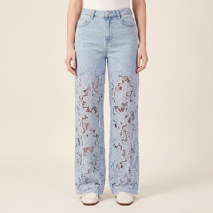 Women's Lace-Panel Wide-Leg Jeans in Light Blue, front view