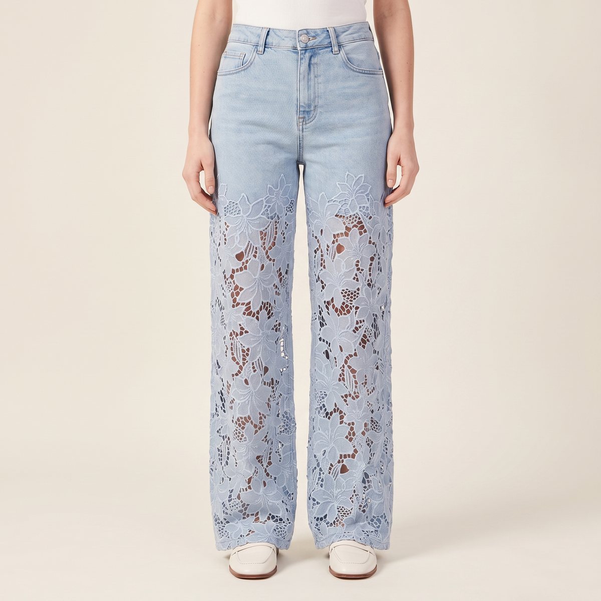 Women's Lace-Panel Wide-Leg Jeans in Light Blue, front view