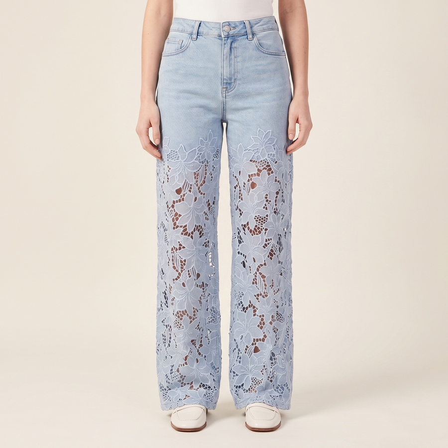 Women's Lace-Panel Wide-Leg Jeans in Light Blue, front view