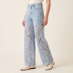 Women's Lace-Panel Wide-Leg Jeans in Light Blue, 3/4 angle