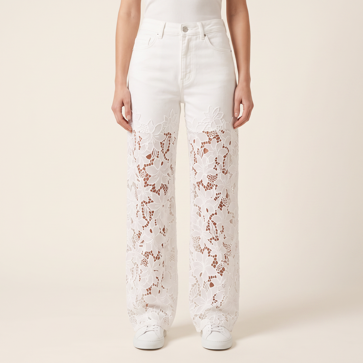 Women's Lace-Panel Wide-Leg Jeans in White, front view