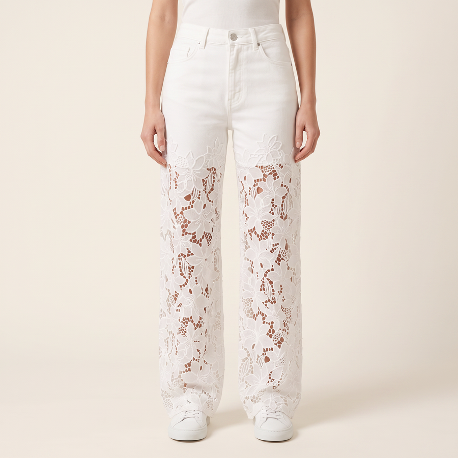 Women's Lace-Panel Wide-Leg Jeans in White, front view