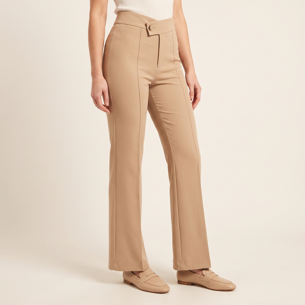 Women's Tailored Flare Trousers in Beige, 3/4 angle